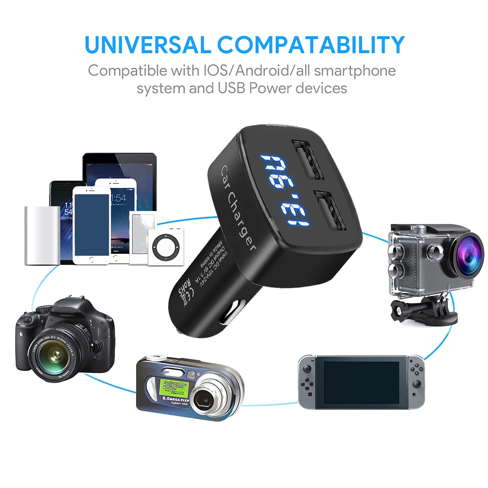 Cargador Cel Auto3.1A Volti Termo Amperi Carga Rapida 2 DobleUSB 5 en 1 Encededor (cuadrado Negro) - 2