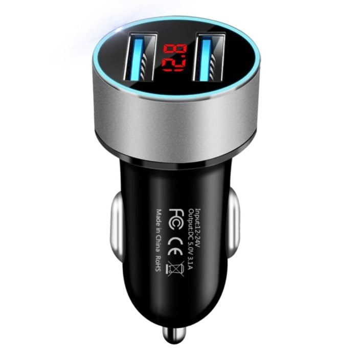 CARGADOR DE CELULAR AUTO METAL TITANIO VOLTIMETRO 4.8 AMPERES SMARTPHONE 2 USB CARGA RÁPIDA ORIGINAL - 1