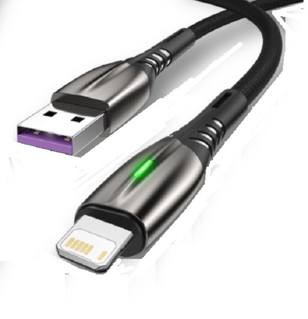 CABLE CARGA RÁPIDA 30W CELULAR 5.1 A USB A LIGHTNING PARA IPHONE 1 MT ACORDONADO LUZ LED - 1