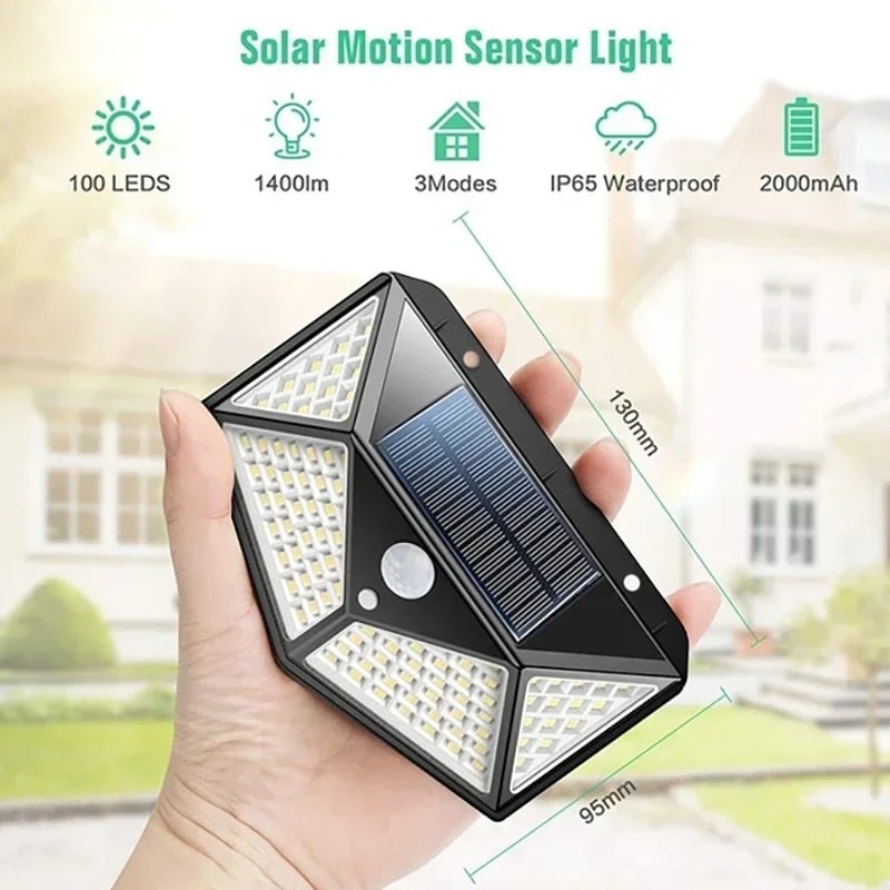 APLIQUÉ SOLAR 100 LED TRIANGULO FOCO RECARGABLE SOLAR POTENTE CON SENSOR MOVIMIENTO - 2