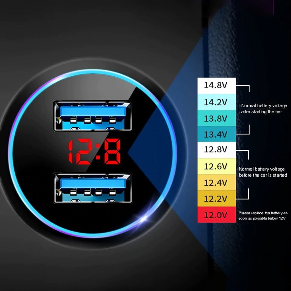 CARGADOR VOLTÍMETRO 3 EN 1 LED REDONDO CON 2 USB, TESTER BATERÍA, AMPERÍMETRO Y TERMÓMETRO AUTO. - 5