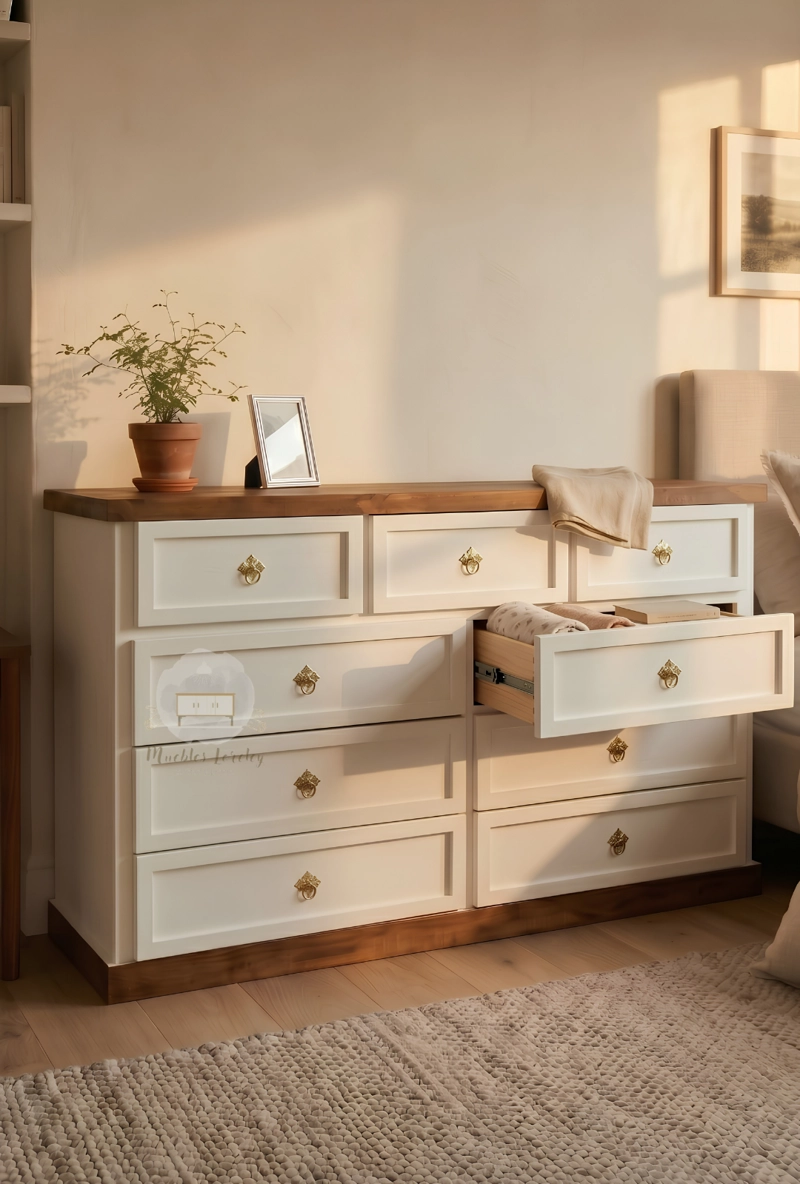 CÓMODA MUEBLES LORELEY MADERA PINO 9 CAJONES NOGAL EN - 2
