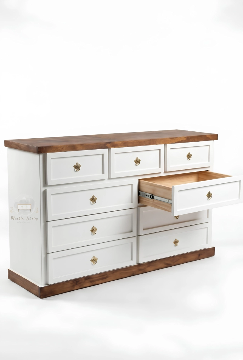 CÓMODA MUEBLES LORELEY MADERA PINO 9 CAJONES NOGAL EN - 5