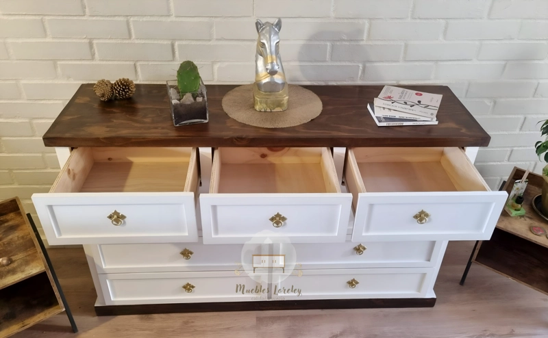 CÓMODA MUEBLES LORELEY MADERA PINO 9 CAJONES NOGAL EN - 8