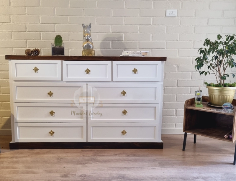 CÓMODA MUEBLES LORELEY MADERA PINO 9 CAJONES NOGAL EN - 9