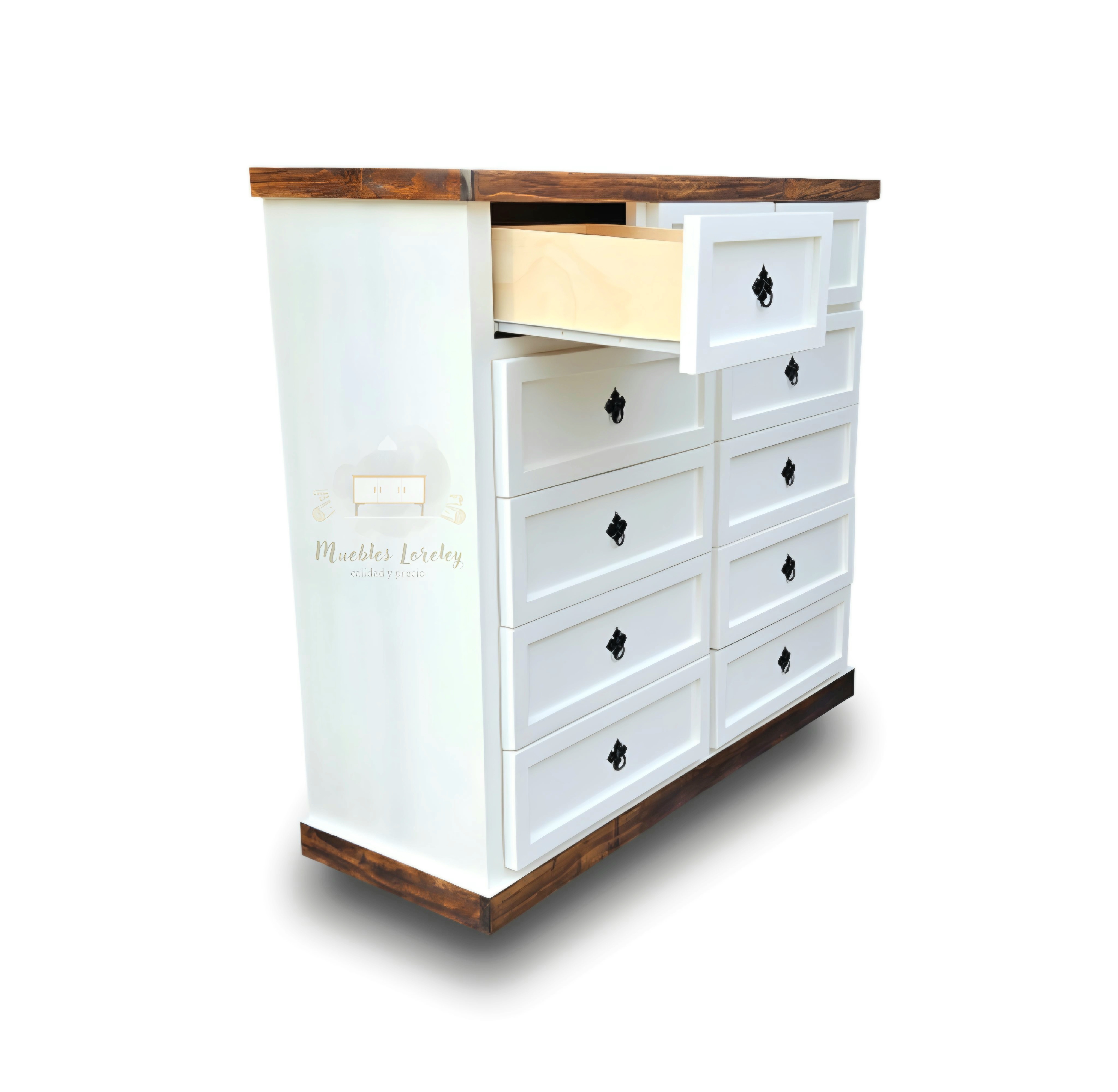 CÓMODA MUEBLES LORELEY MADERA PINO 11 CAJONES BLANCO Y NOGAL - 3