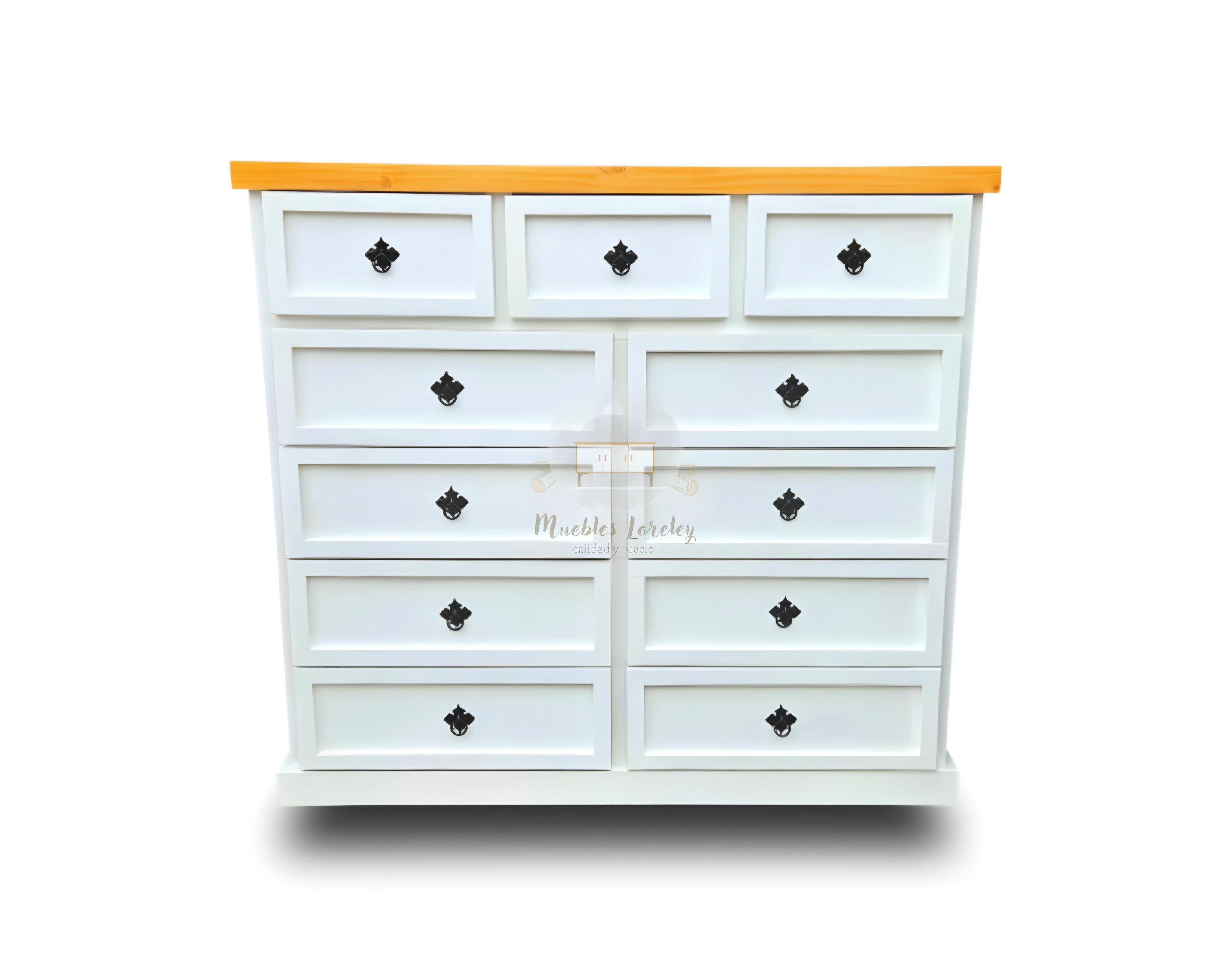 CÓMODA MUEBLES LORELEY MADERA PINO 11 CAJONES BLANCO Y MIEL - 1