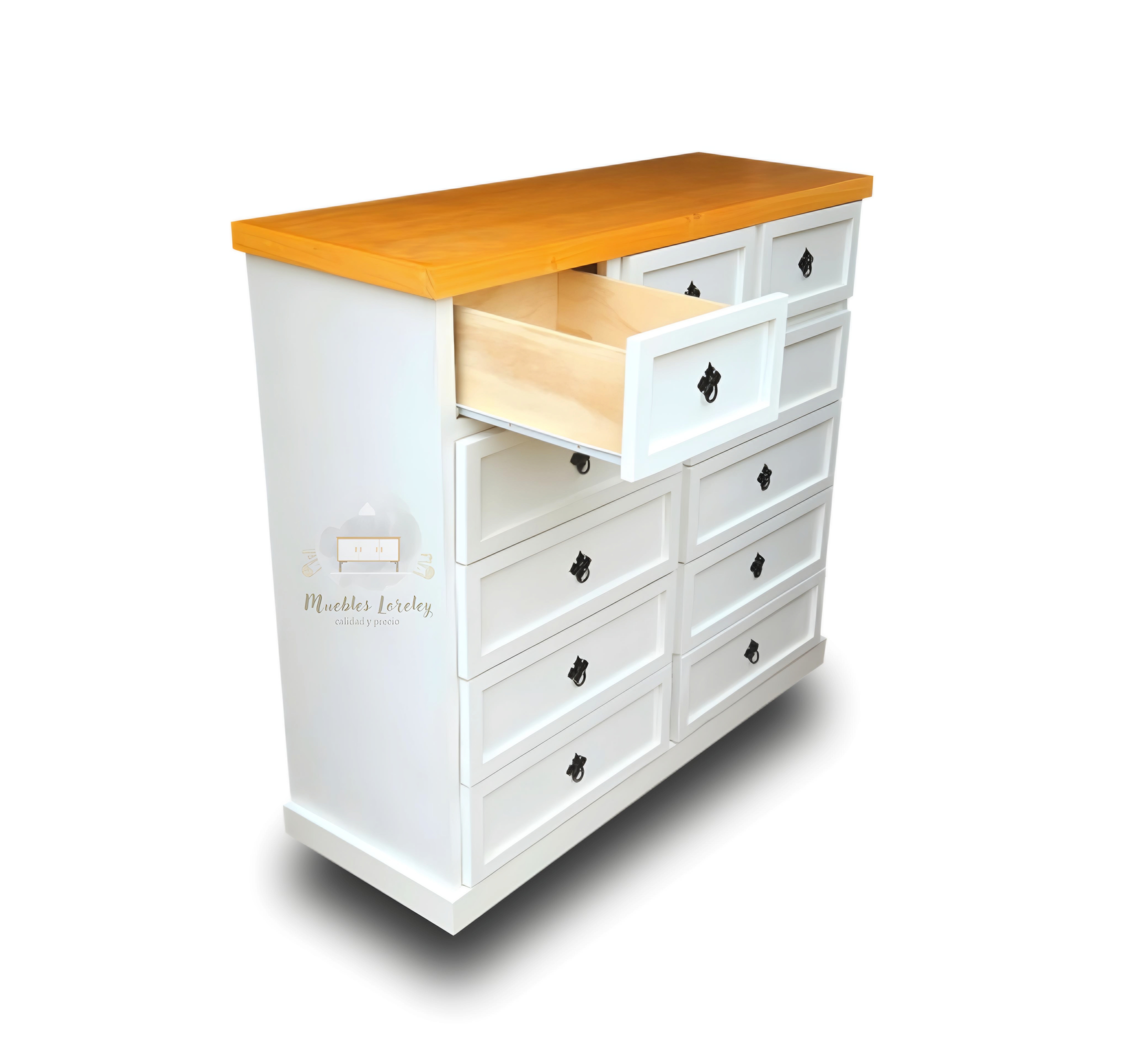 CÓMODA MUEBLES LORELEY MADERA PINO 11 CAJONES BLANCO Y MIEL - 3
