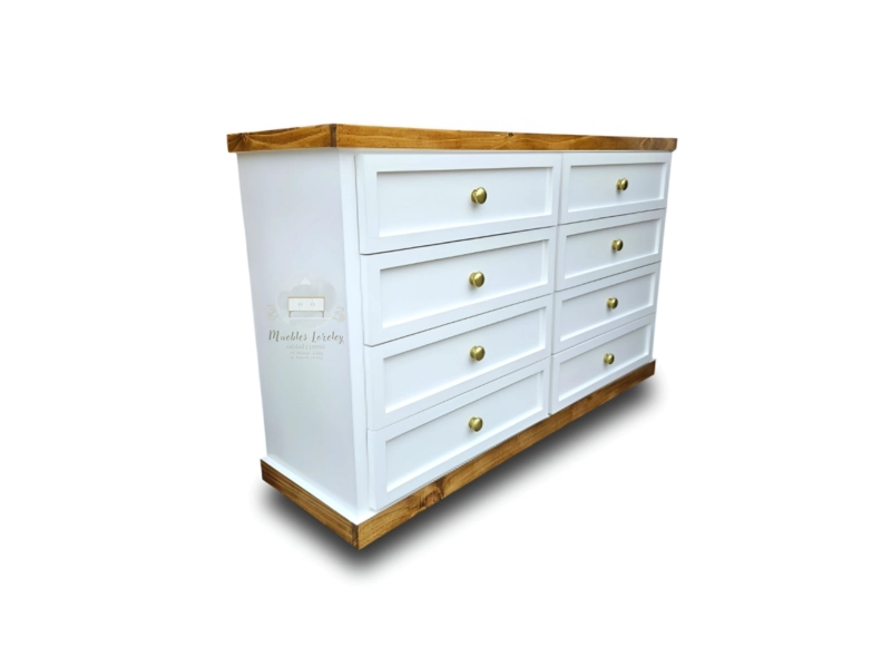 CÓMODA MUEBLES LORELEY MADERA PINO 8 CAJONES BLANCO Y PETIRIBI - 3