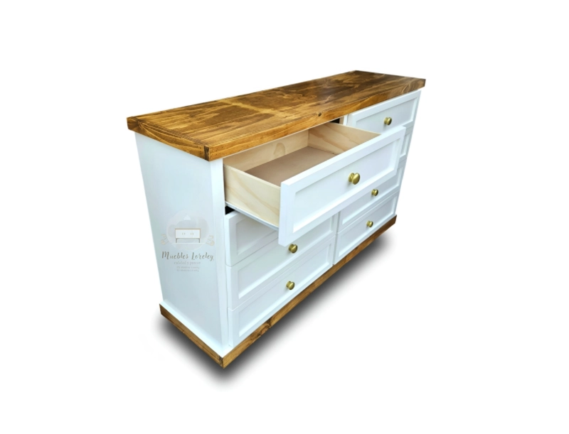 CÓMODA MUEBLES LORELEY MADERA PINO 8 CAJONES BLANCO Y PETIRIBI - 4