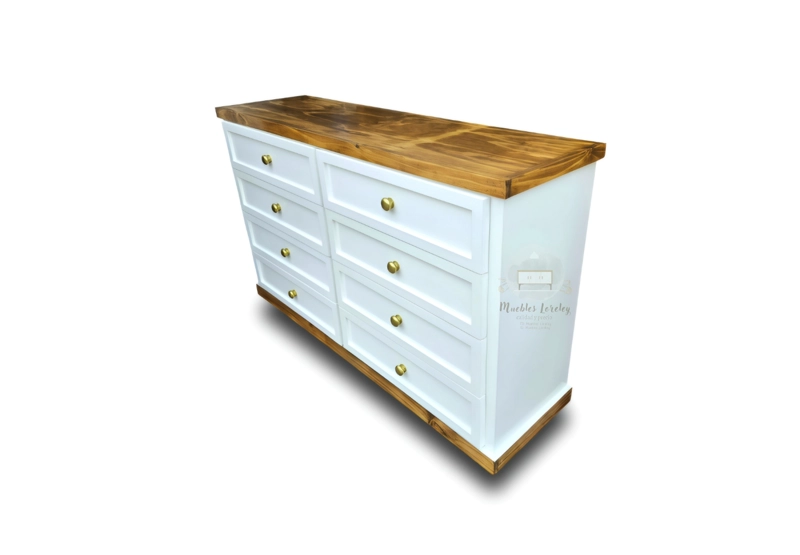 CÓMODA MUEBLES LORELEY MADERA PINO 8 CAJONES BLANCO Y PETIRIBI - 5