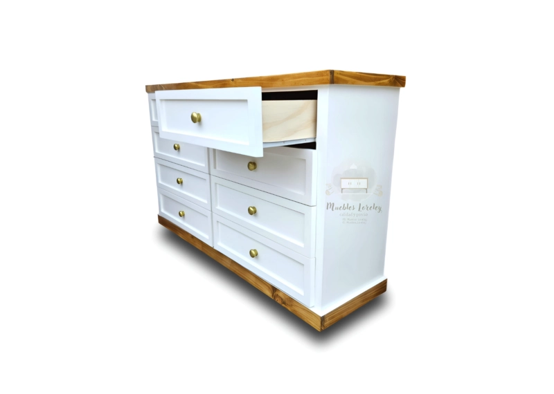 CÓMODA MUEBLES LORELEY MADERA PINO 8 CAJONES BLANCO Y PETIRIBI - 6