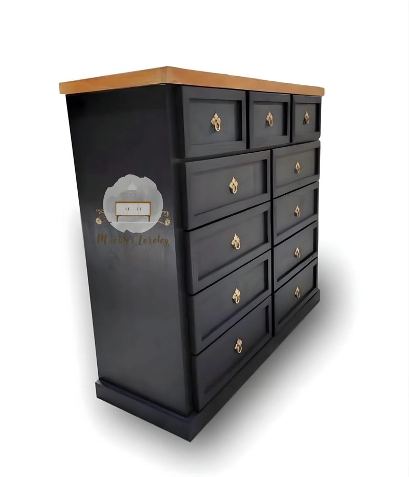 CÓMODA MUEBLES LORELEY MADERA PINO 11 CAJONES NEGRO Y CUBIERTA MIEL - 2