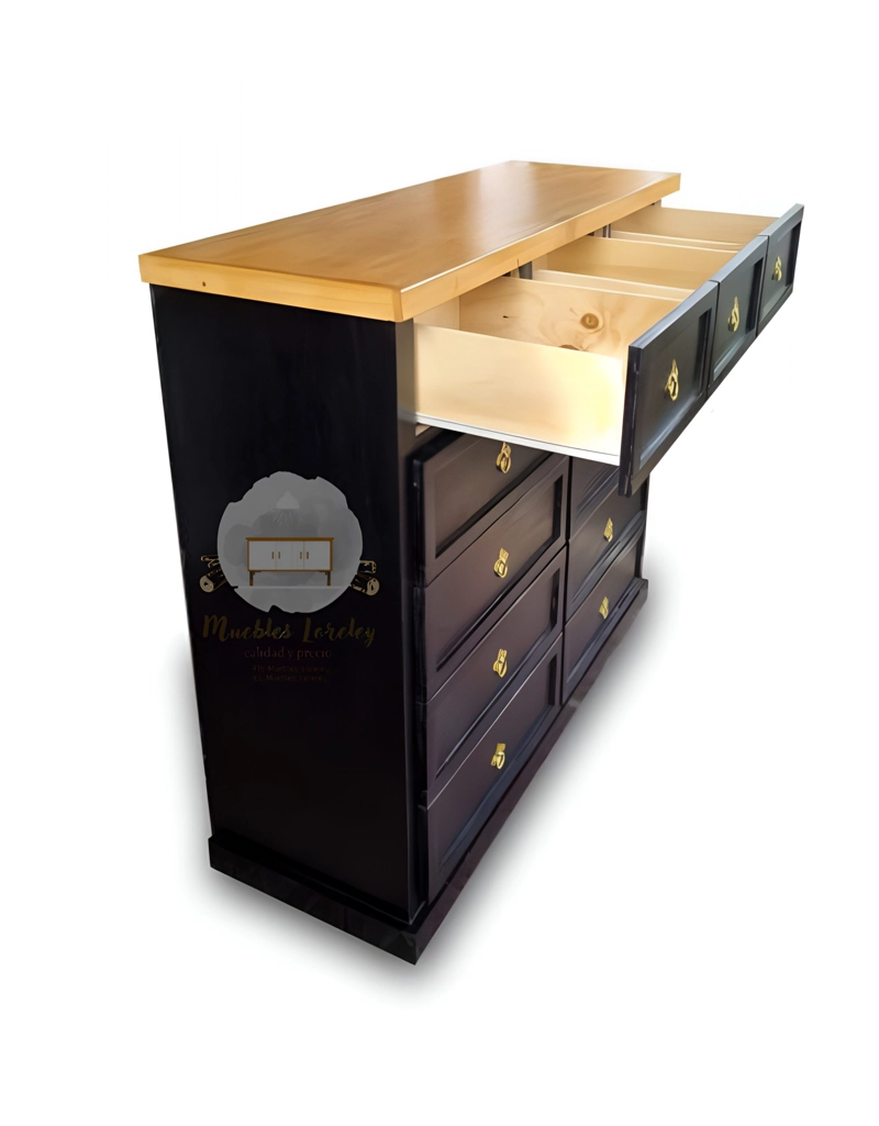 CÓMODA MUEBLES LORELEY MADERA PINO 11 CAJONES NEGRO Y CUBIERTA MIEL - 3