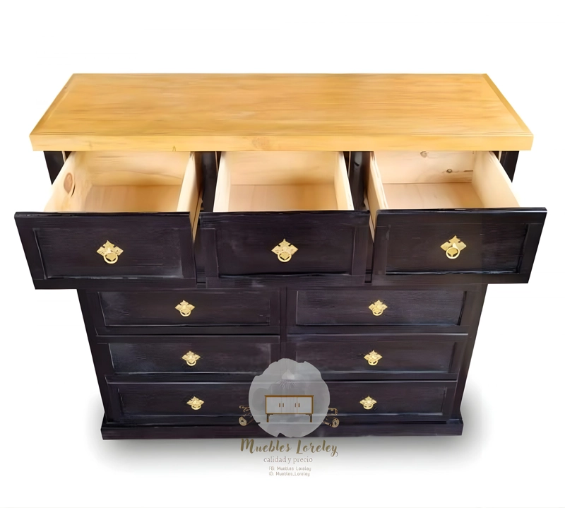 CÓMODA MUEBLES LORELEY MADERA PINO 11 CAJONES NEGRO Y CUBIERTA MIEL - 4
