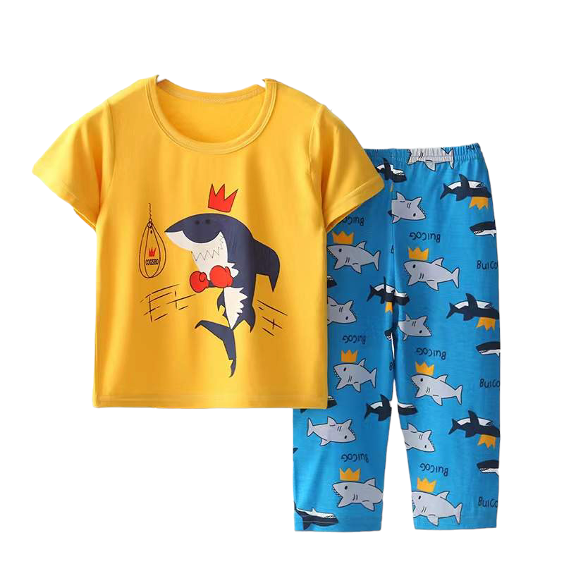 CONJUNTO PIJAMA ALGODON NIÑO AMARILLO TIBURONCITO BEBES MANGA CORTA - 1