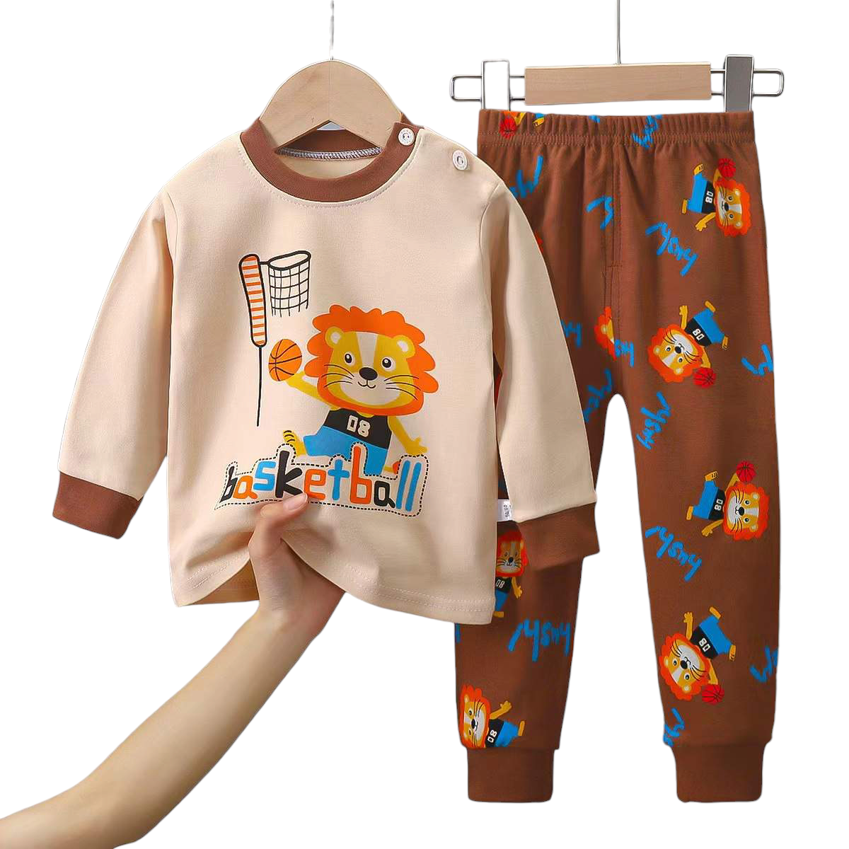 CONJUNTO PIJAMA LARGA ALGODON NIÑO CHOCOLATE LEONCITO BEBES MANGA LARGA - 1