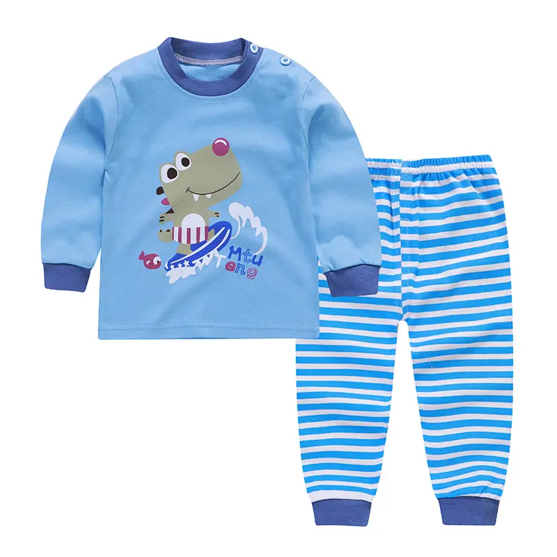 CONJUNTO PIJAMA ALGODON NIÑO AZUL DINOSAURIO SURFISTA BEBES MANGA LARGA - 1