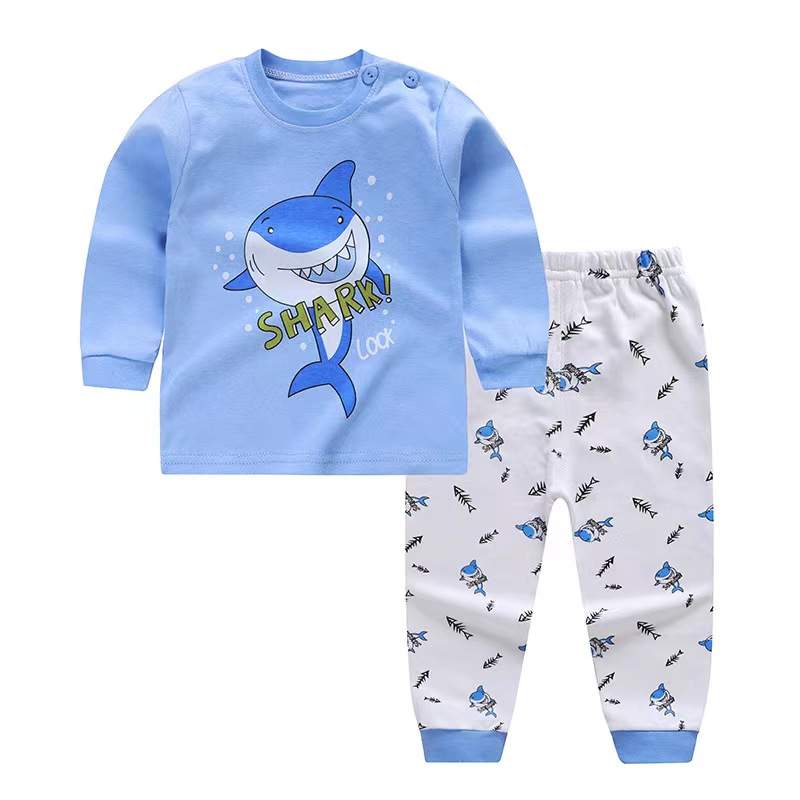 CONJUNTO PIJAMA ALGODON NIÑO AZUL TIBURONCITO BEBES MANGA LARGA - 1