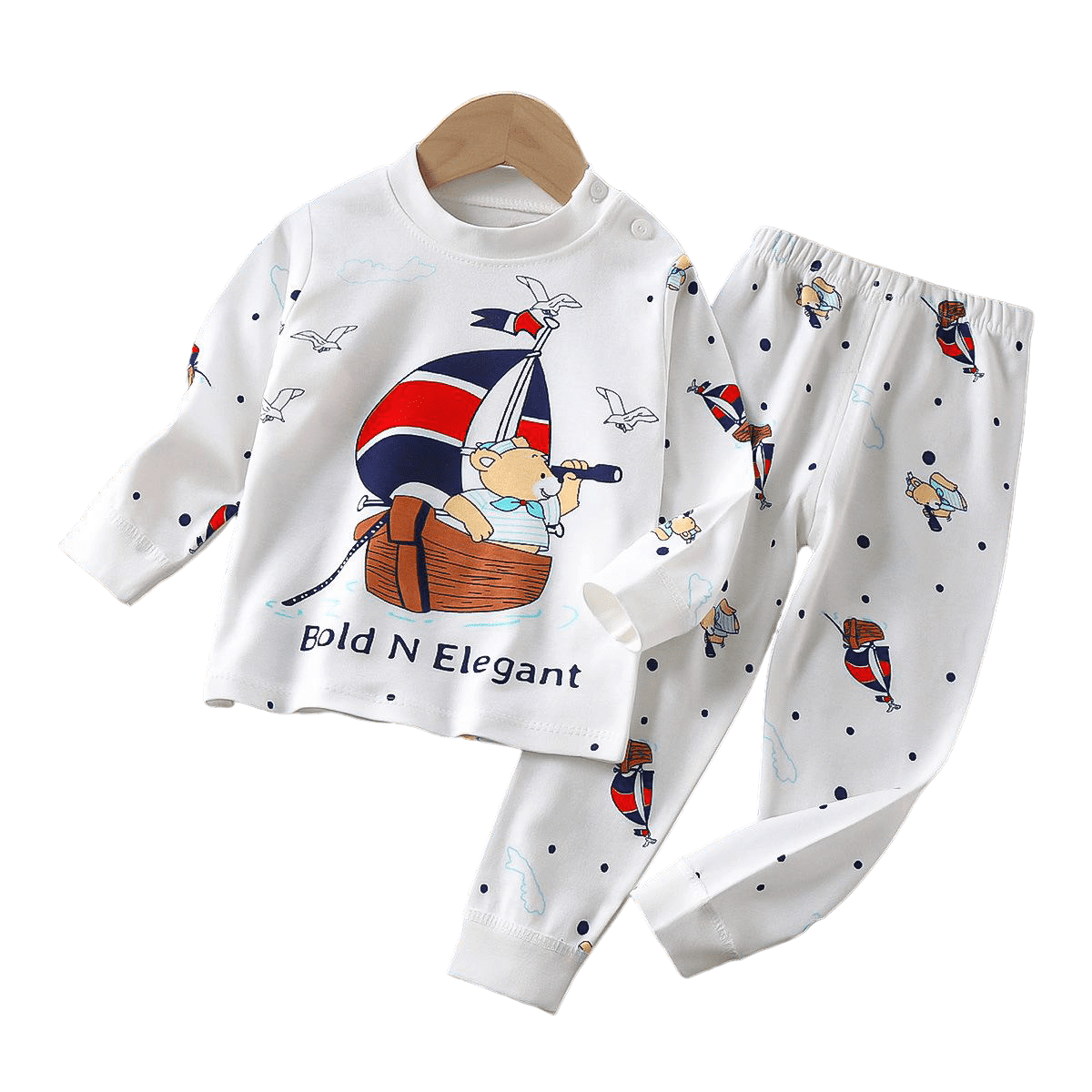 CONJUNTO PIJAMA LARGA ALGODON NIÑO OSITO CON BARQUITO BEBES MANGA LARGA - 1