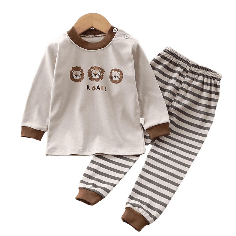 CONJUNTO PIJAMA LARGA ALGODON NIÑO BEIGE LEONCITOS BEBES MANGA LARGA - 1