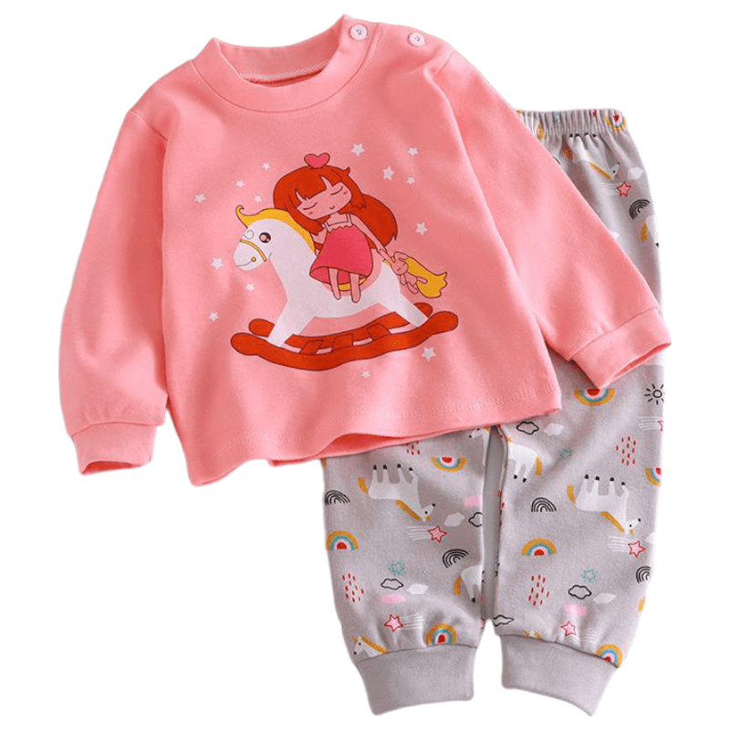 CONJUNTO PIJAMA LARGA ALGODON NIÑA ROSADO CON PONI BEBES MANGA LARGA - 1