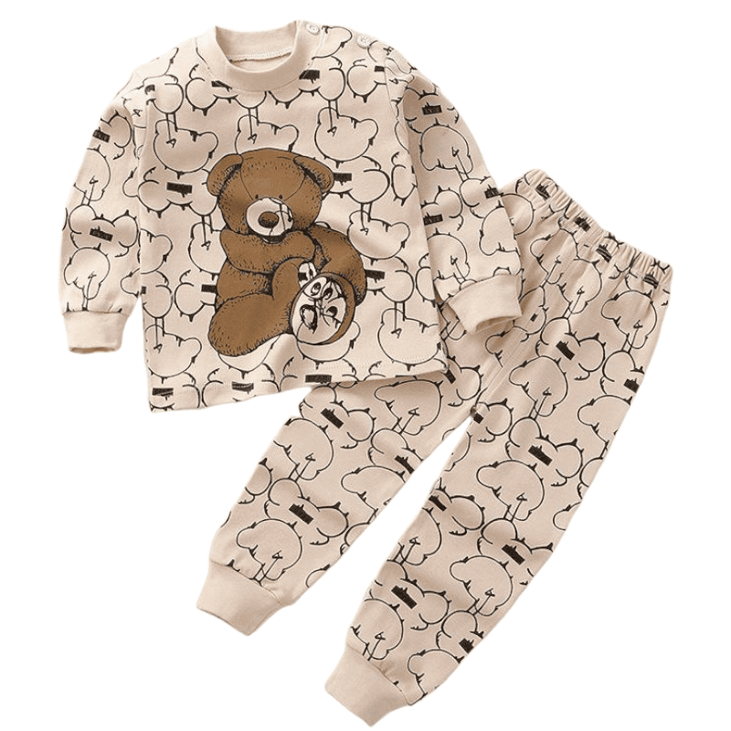 CONJUNTO PIJAMA LARGA ALGODON NIÑO CAFE CLARO OSITO BEBES MANGA LARGA - 1