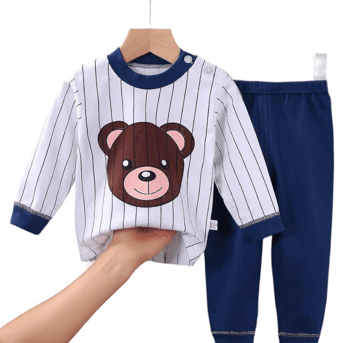 CONJUNTO PIJAMA LARGA ALGODON NIÑO OSITO CON RAYAS BEBES MANGA LARGA - 1