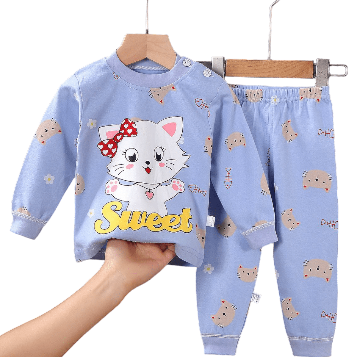 CONJUNTO PIJAMA LARGA ALGODON NIÑA AZUL ELECTRICO GATITA BEBES MANGA LARGA - 1