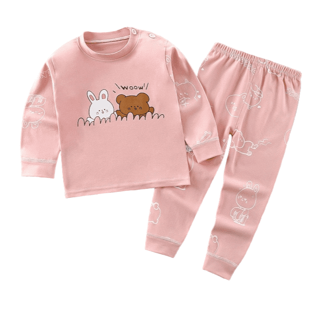 CONJUNTO PIJAMA LARGA ALGODON NIÑA ROSADO CONEJITA Y OSITO BEBES MANGA LARGA - 1