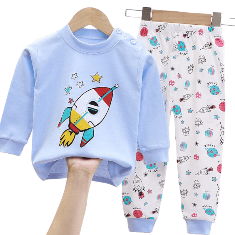 CONJUNTO PIJAMA LARGA ALGODON NIÑO AZUL COHETE BEBES MANGA LARGA - 1
