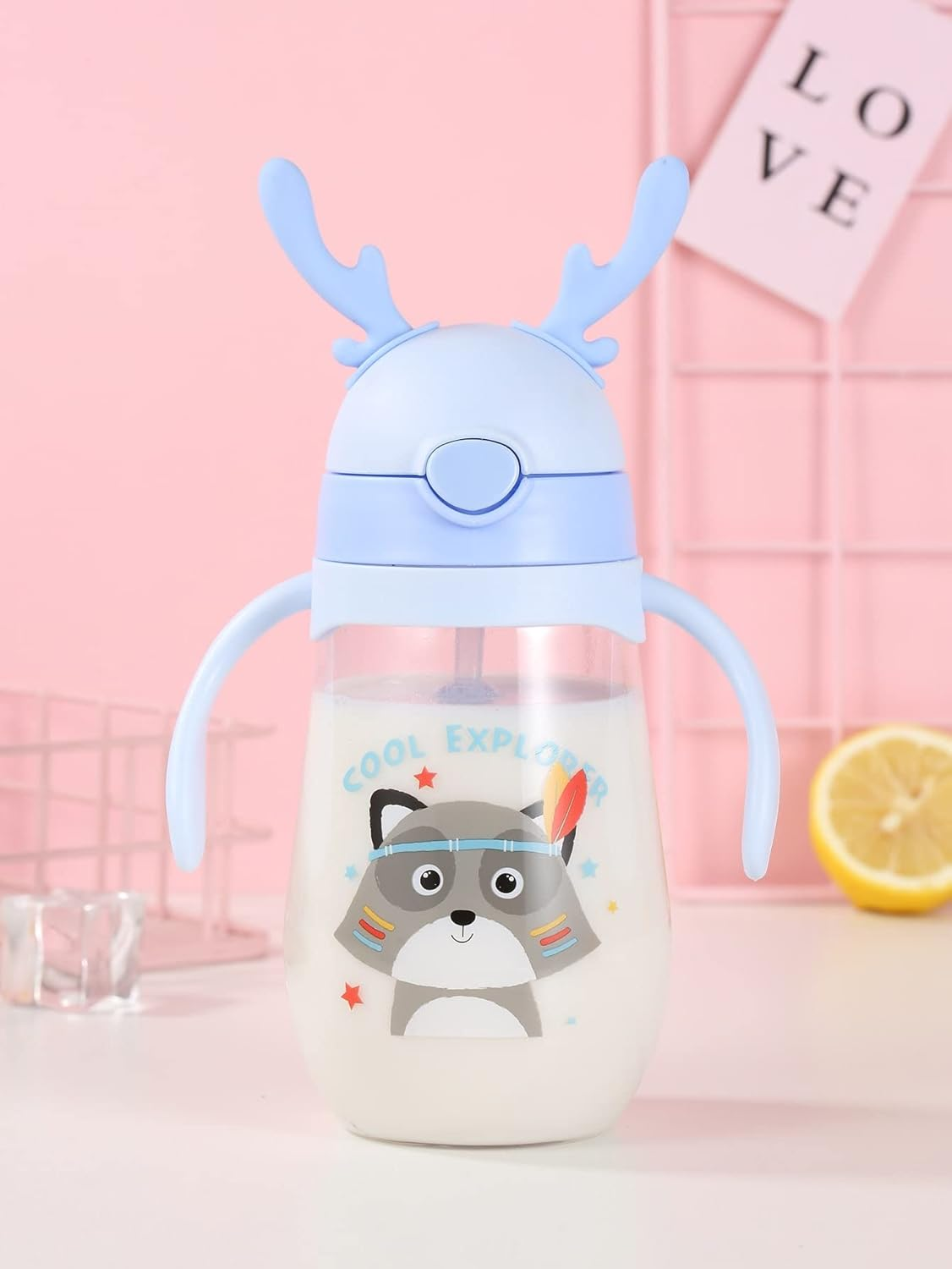 VASO MAPACHE ANTIDERRAME CON BOMBILLA Y ASAS BEBÉ 580ML 6M+ AZUL BEBE - 4