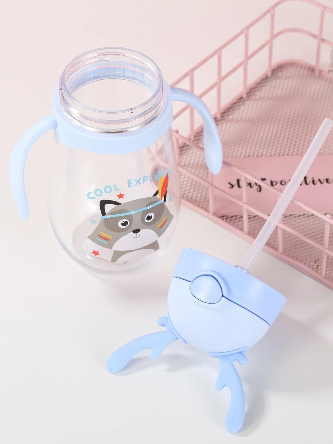 VASO MAPACHE ANTIDERRAME CON BOMBILLA Y ASAS BEBÉ 580ML 6M+ AZUL BEBE - 7