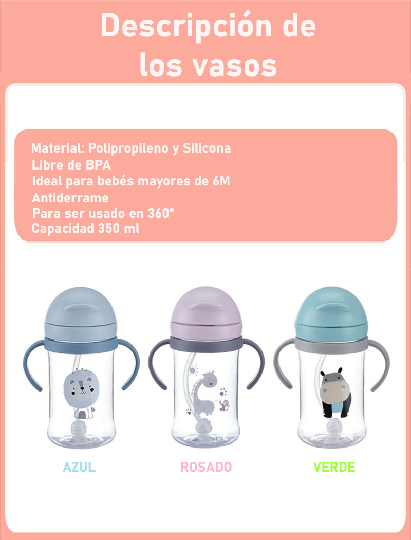 VASO JIRAFITA ANTIDERRAME CON BOMBILLA Y ASAS BEBÉ 350ML 6M+ ROSADO - 5
