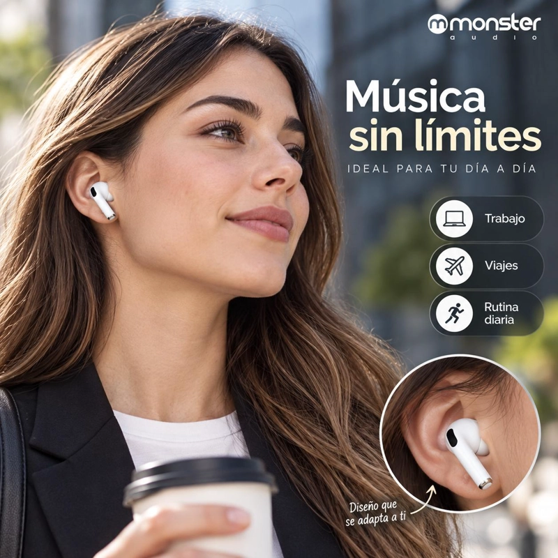 AUDÍFONOS MONSTER AUDIO TRUE WIRELESS MTW9WH BLUETOOTH BLANCO - 7