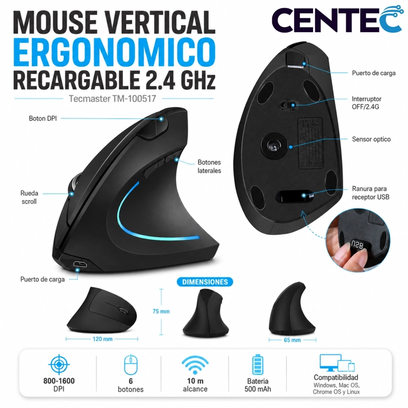 MOUSE INALÁMBRICO TECMASTER VERTICAL ERGONÓMICO RECARGABLE 2.4 GHZ PRO 100516-BLACK - 8