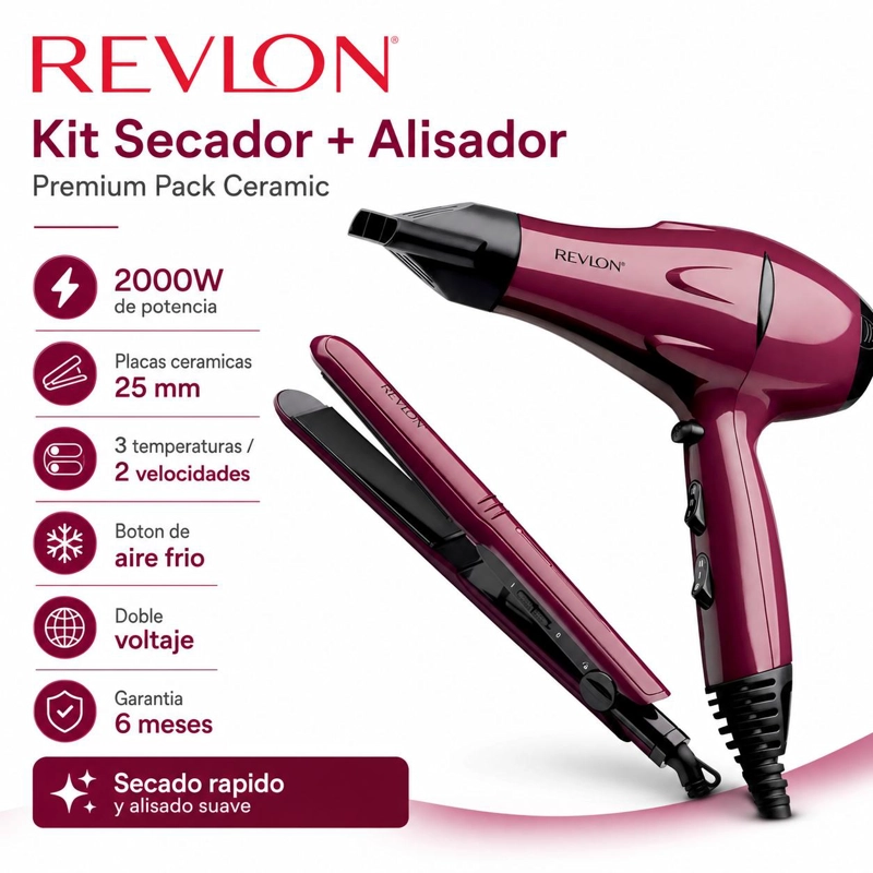 KIT SECADOR DE CABELLO REVLON RVBDR5230LA2 2000 W + ALISADOR PREMIUM PACK CERAMIC - 5