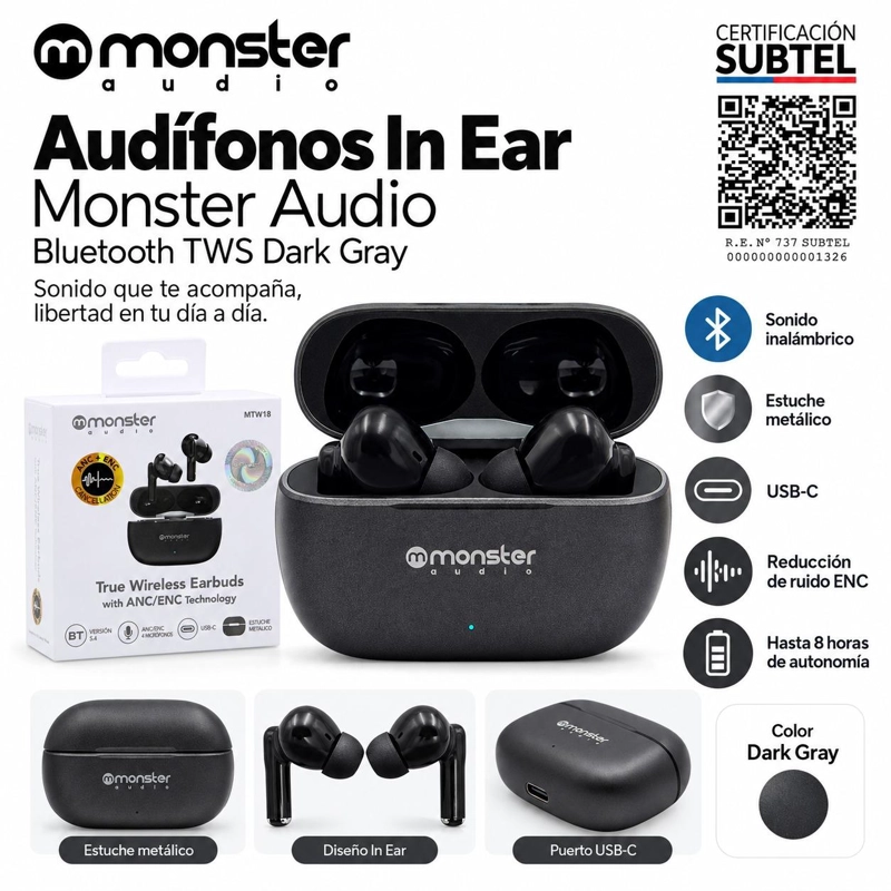 AUDÍFONOS MONSTER AUDIO TRUE WIRELESS MTW9 BLUETOOTH NEGRO - 7