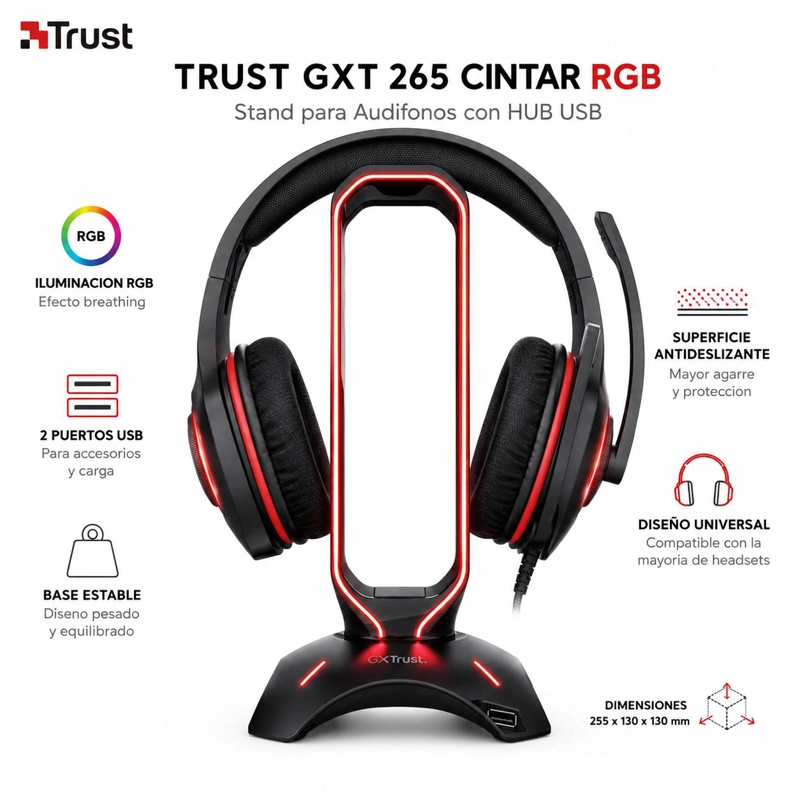 SOPORTE STAND GAMER RGB PARA AUDIFONOS TRUST GXT 265 + HUB - 8