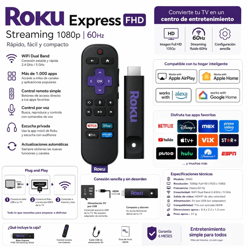 STREAMING ROKU FULL HD 1920 X 1080 3960 TV EXPRESS 1080P 60HZ DUAL WIFI 2G & 5G - 6