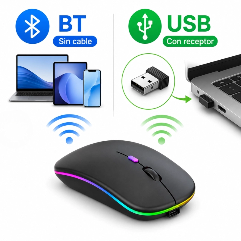 MOUSE INALÁMBRICO TECMASTER DUAL BLUETOOTH + USB 2G RECARGABLE RGB BK 100516-BLACK - 3