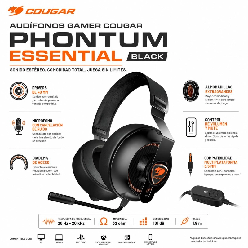 AUDÍFONOS COUGAR PHONTUM ESSENTIAL NEGRO MULTIPLATAFORMA NEGRO - 7