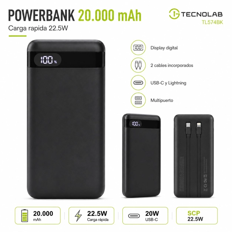 POWERBANK 20.000 MAH TURBO QUICK CHARGE MULTIPUERTOS 22W - 7
