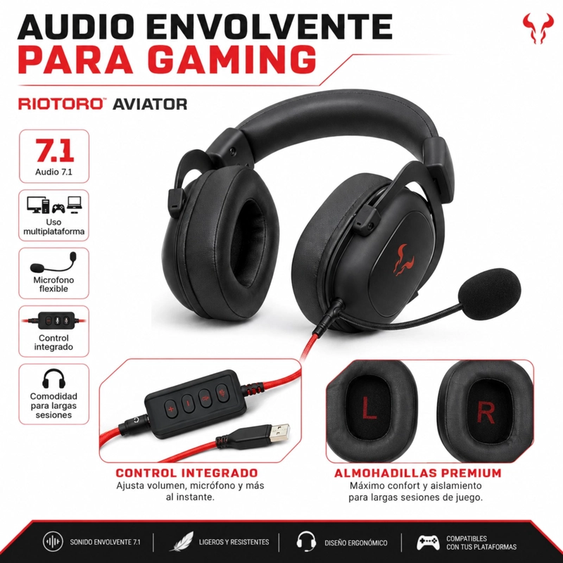 AUDÍFONOS GAMER RIOTORO HEADSET RIOTOROAVIATOR MULTIPLATAFORMA AUDIO PRO 7.1 - 7