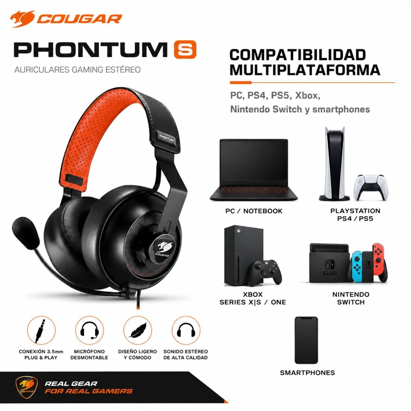AUDÍFONOS GAMER COUGAR HEADSET PHONTUM S MULTIPLATAFORMA CONECTOR 53MM - 5