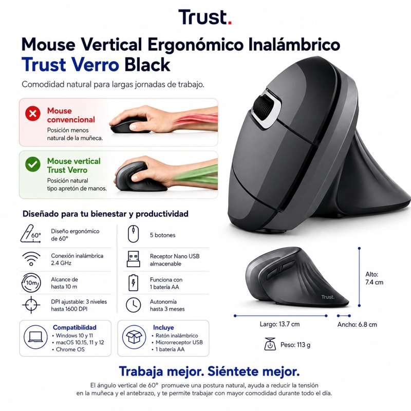 MOUSE INALÁMBRICO TRUST VERTICAL ERGONÓMICO VERRO PRO 2.4GHZ - 6
