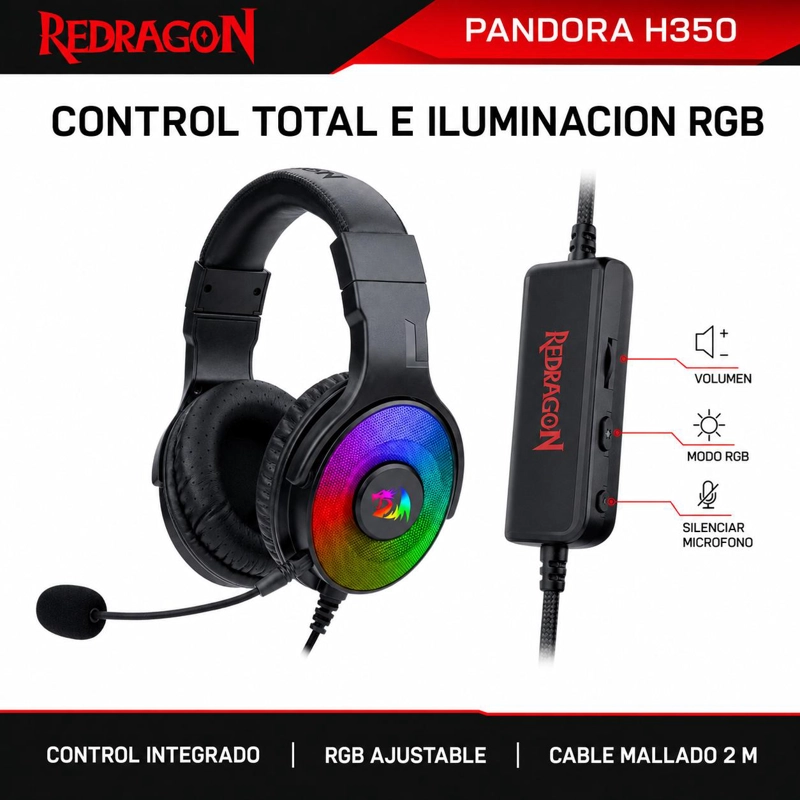 AUDÍFONOS REDRAGON H350RGB USB PANDORA AUDIO 7.1 ENVOLVENTE MULTIPLATAFORMA - 4