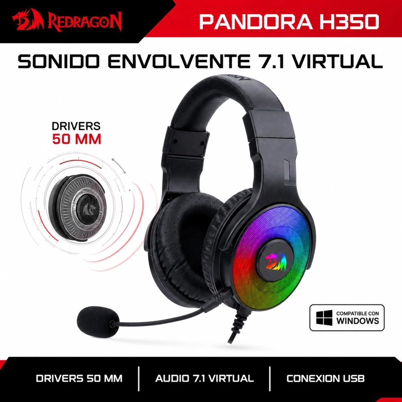 AUDÍFONOS REDRAGON H350RGB USB PANDORA AUDIO 7.1 ENVOLVENTE MULTIPLATAFORMA - 6