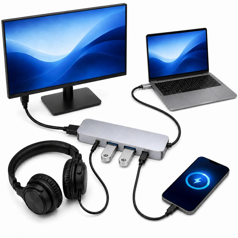 ADAPTADOR HUB USB-C MULTIPUERTOS 5 EN 1 (HDMI, JACK, USB, USB C) GTC - 2