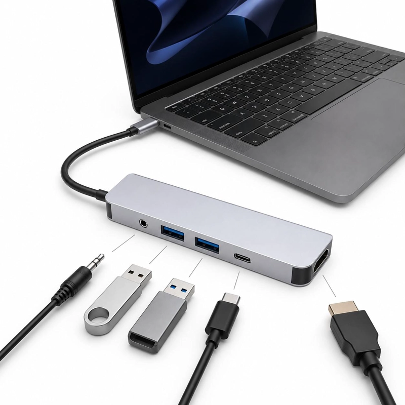 ADAPTADOR HUB USB-C MULTIPUERTOS 5 EN 1 (HDMI, JACK, USB, USB C) GTC - 5